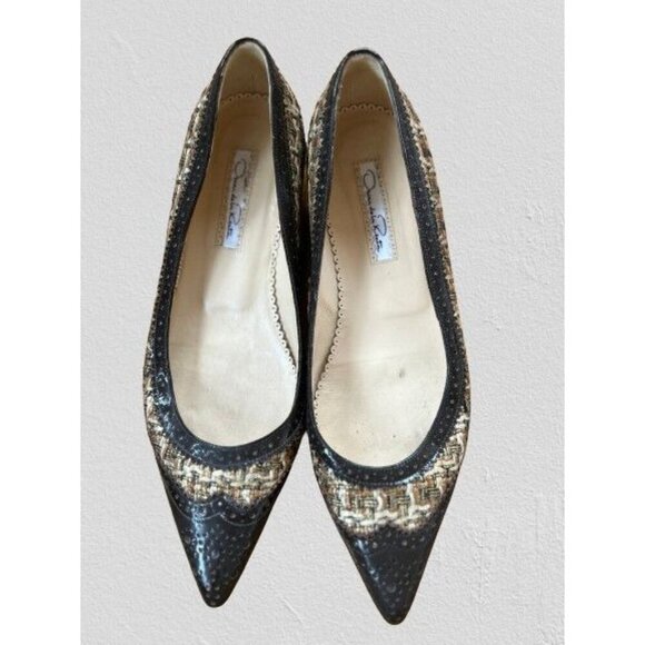 Oscar de la Renta Shoes Hills Flats Tweed leather brown Made in Italy  7.5 - Picture 1 of 9